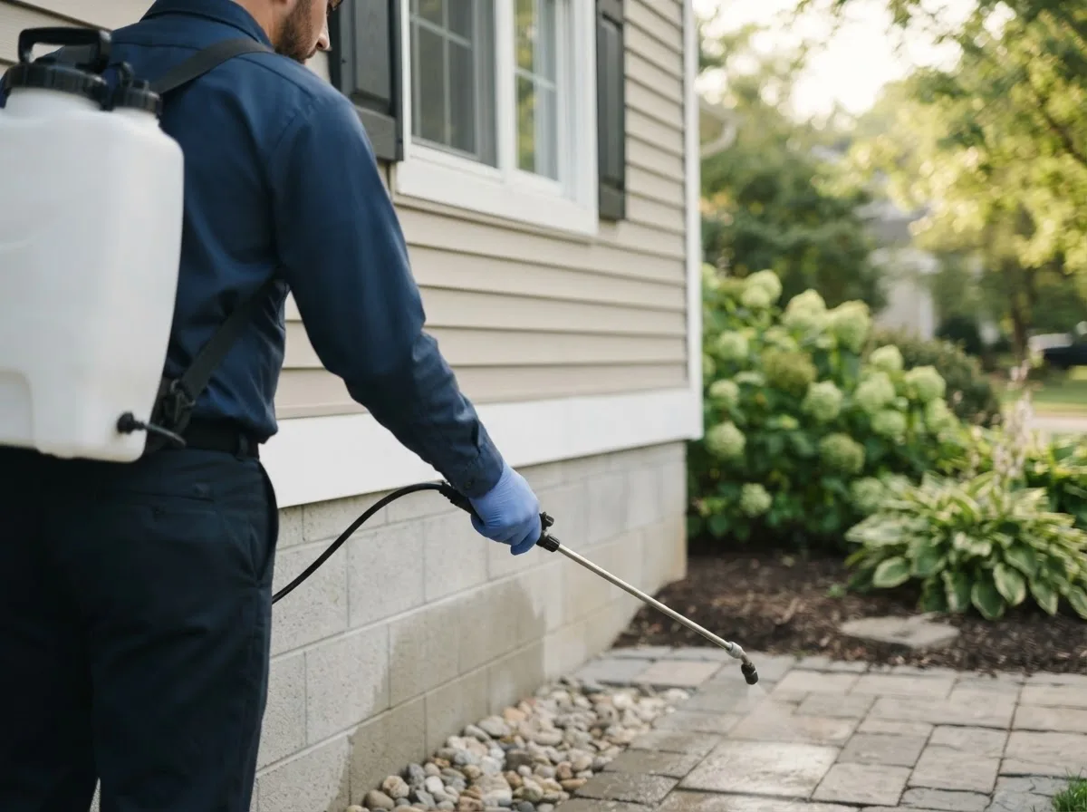 Pest control technician inspecting a home in Homeland, FL